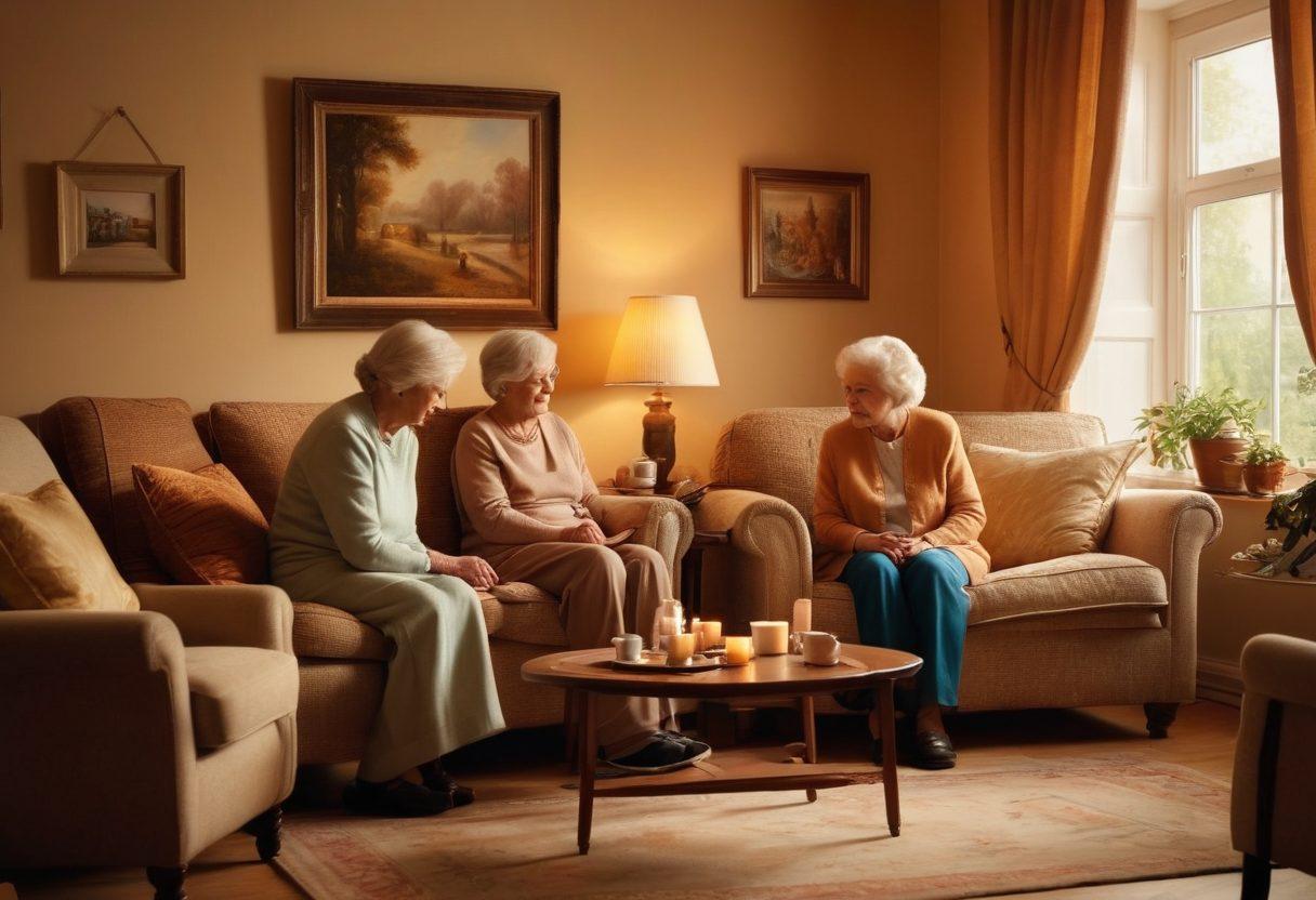 A warm and inviting living room scene showing an elderly person being assisted by a caregiver, surrounded by comforting elements like soft lighting and family photos. Include symbols of care, such as a cup of tea and medical supplies nearby, to emphasize support and companionship. The atmosphere should convey a sense of safety and trust. super-realistic. warm colors. cozy ambiance.
