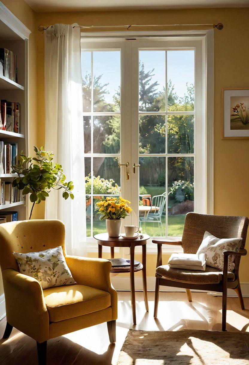 A warm, inviting living room with a cozy armchair and a table filled with comforting items for seniors, like a cup of tea and books. A window shows a sunny garden outside, symbolizing hope and freedom. Include subtle hints of assistive devices like a walker and an easy-to-use phone nestled nearby. The atmosphere should feel uplifting and supportive, showcasing independence and care for seniors. super-realistic. vibrant colors. warm lighting.