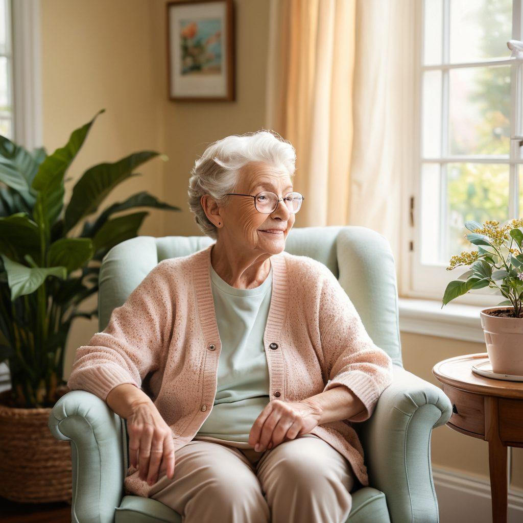 A warm and inviting living room scene featuring an elderly person comfortably seated in an armchair, engaged in a friendly conversation with a compassionate caregiver. Surround them with personalized touches like family photos, plants, and cozy decor to highlight the importance of companionship and individualized care. Bright sunlight streaming through the window to evoke a sense of warmth and hope. soft pastel colors. super-realistic.